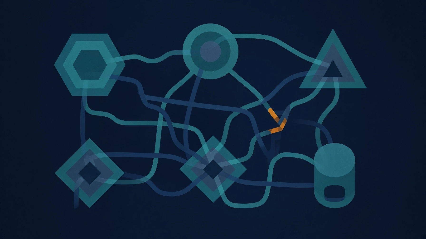 Abstract network of geometric shapes linked by winding lines on dark background