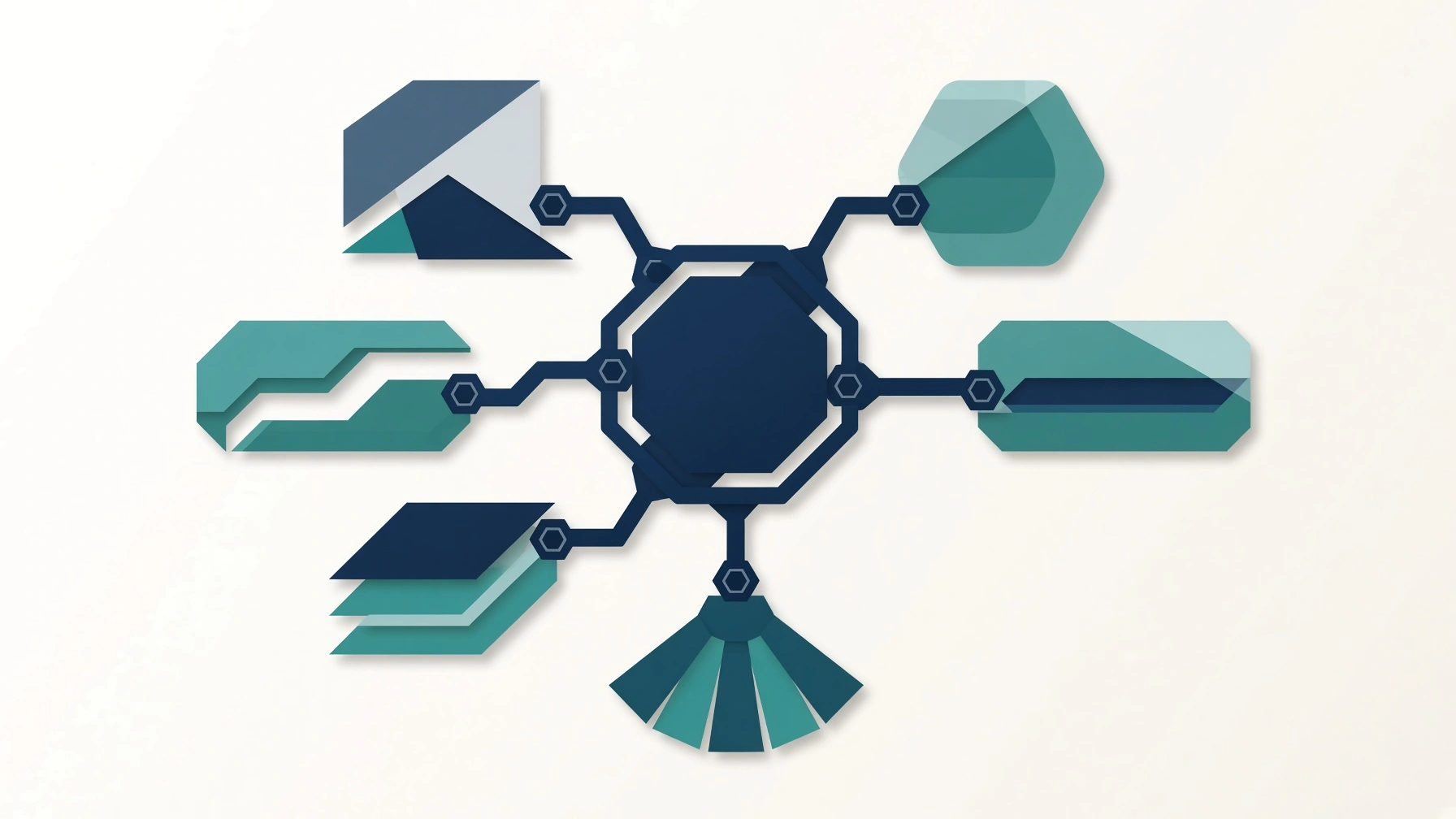 Central hexagon hub connected to geometric modules like a system diagram