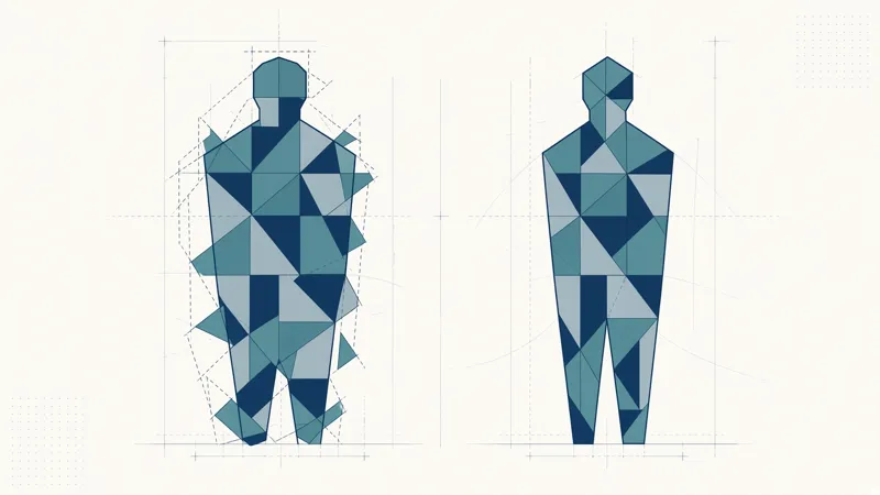 Fragmented geometric figure beside a structured geometric human silhouette