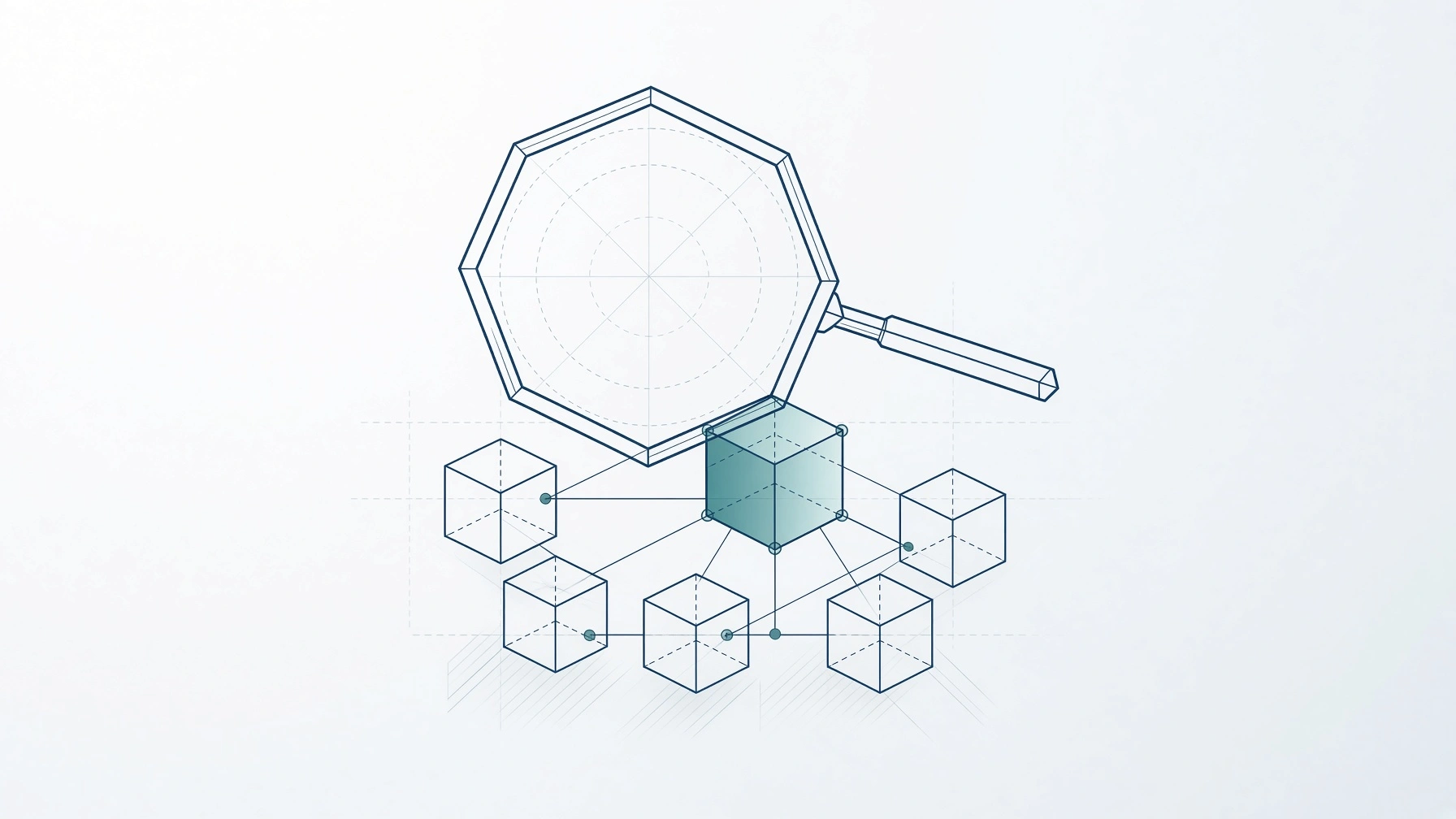 Magnifying glass over connected wireframe cubes with one highlighted block