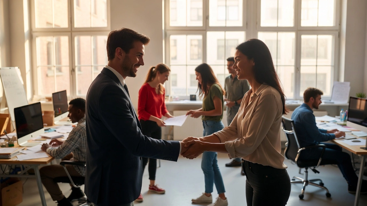 Businessman and businesswoman shaking hands in bright modern office with colleagues