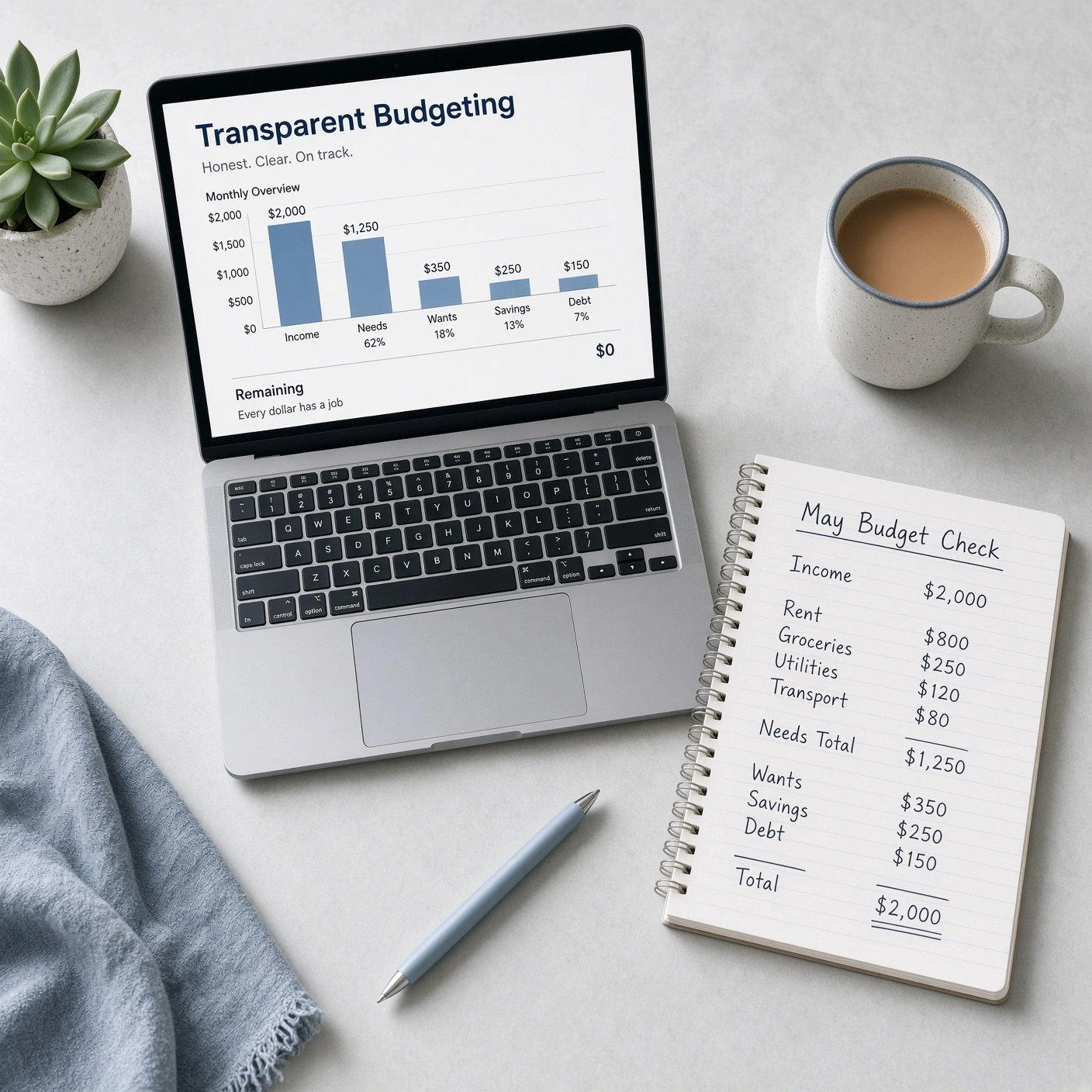 Laptop showing transparent budgeting chart next to handwritten budget notebook