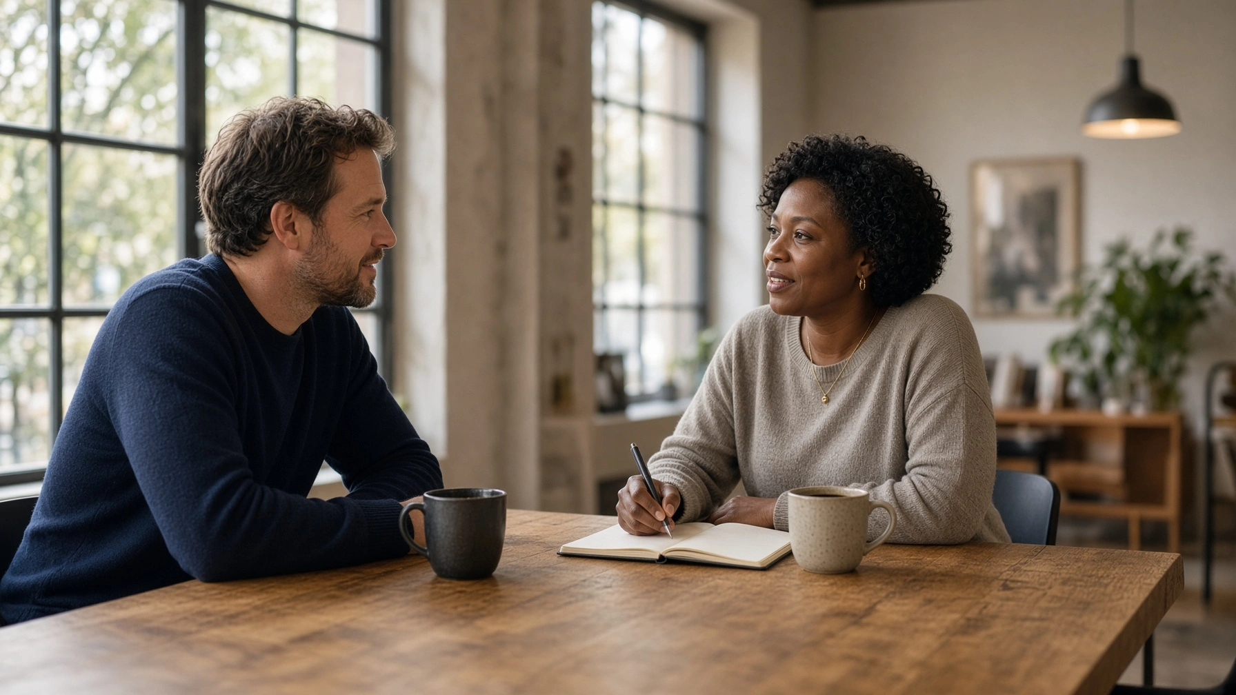 Man and woman discussing over notebook and coffee at wooden table