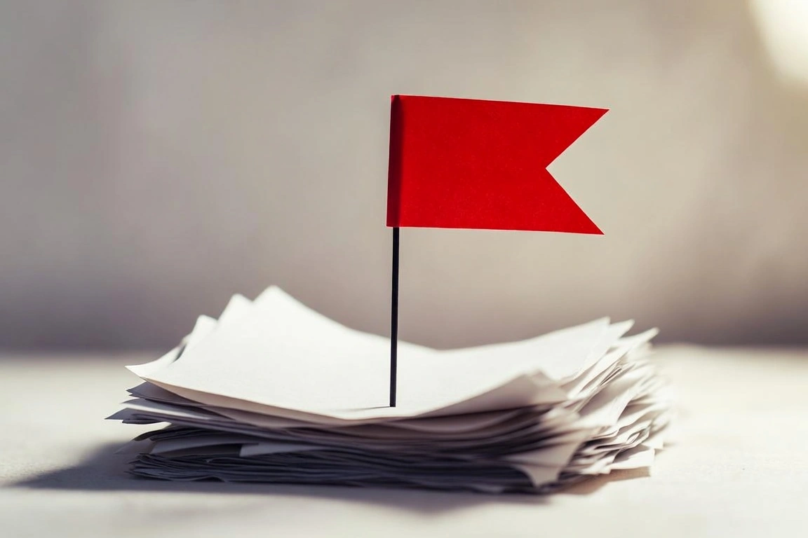 Red warning flag stuck in a stack of white papers on desk