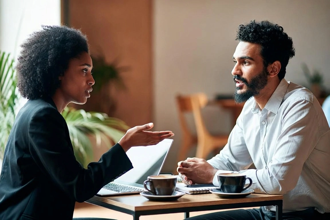 Businesswoman and businessman discussing over coffee at table with open laptop