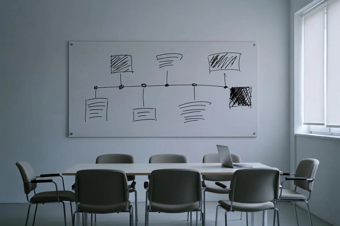 Empty conference room with whiteboard flowchart diagram and laptop on long table