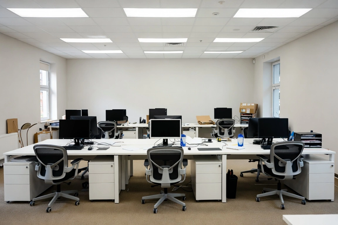 Empty modern open-plan office with rows of desks, computers and office chairs