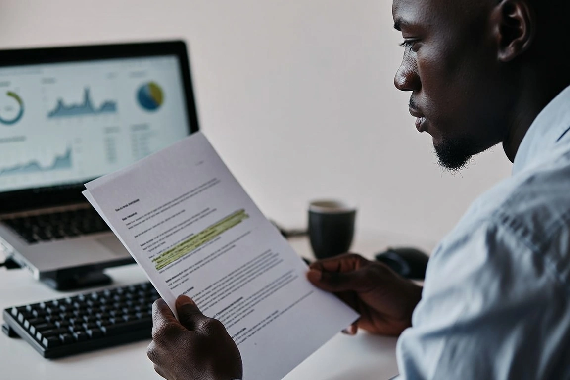 Man carefully reviewing highlighted document with charts visible on laptop screen