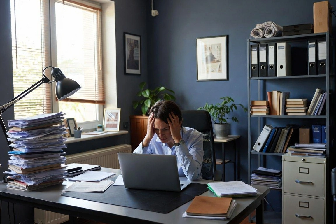 Stressed man in office holding head while working at laptop surrounded by paperwork